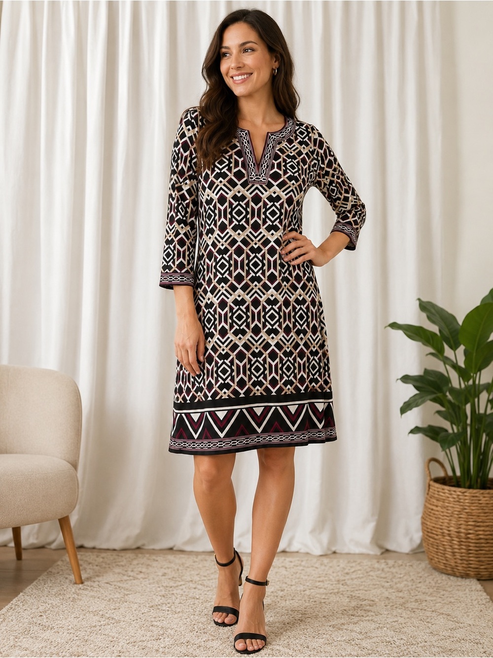 White House Black Market Black, Cream & Burgundy Geometric Midi Dress